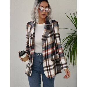 Womens Jing Oni Chic Autumnal Plaid Blazer Winter Coat Jacket - Sz S